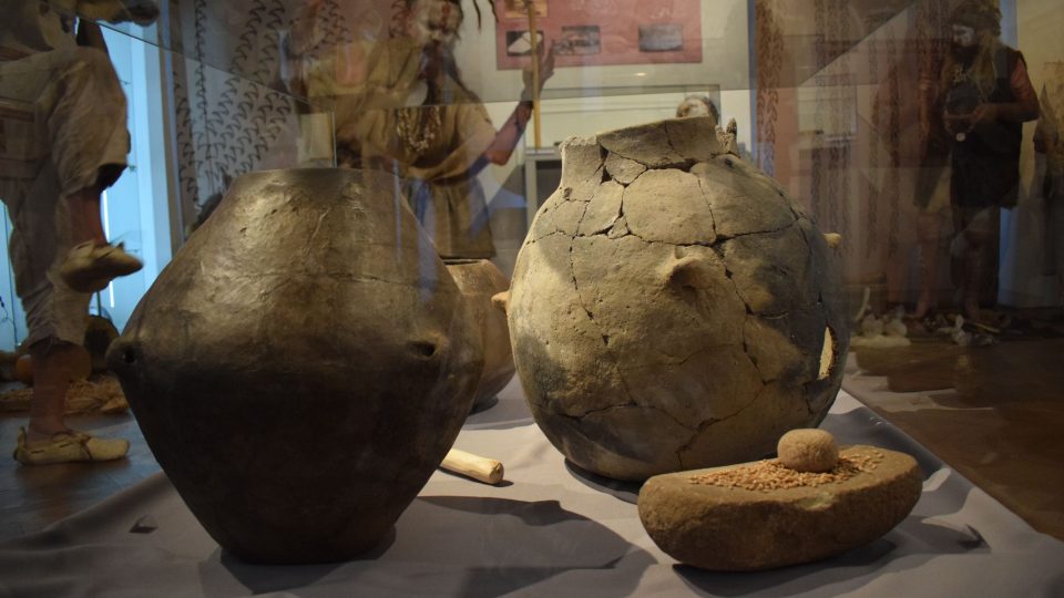 Neolitické nádoby a zrnotěrka