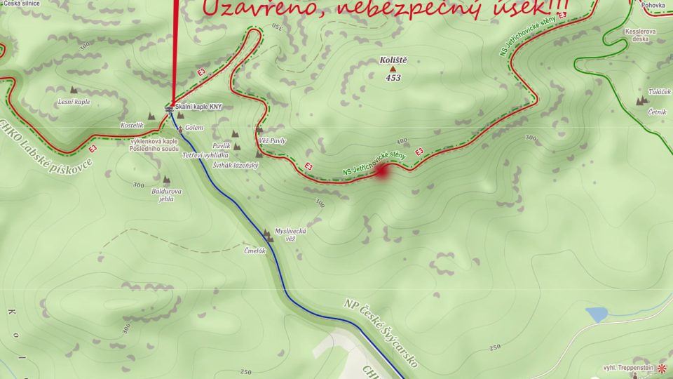 V Českém Švýcarsku je kvůli sesuvu skalní stěny z vrchu Koliště uzavřená turistická cesta