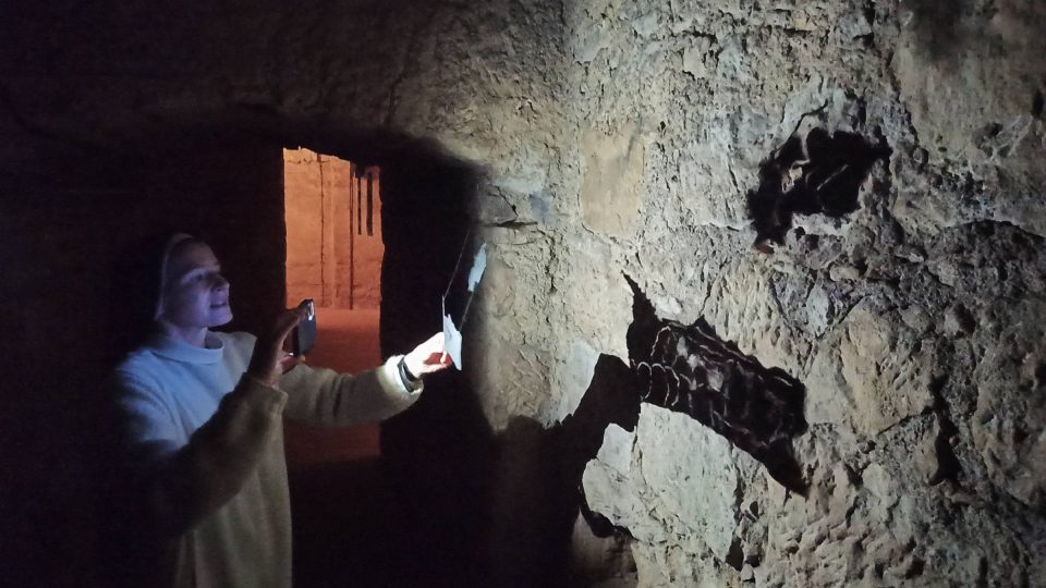 Promítání objektů na stěnu mohou ovlivnit návštěvníci třeba světlem z mobilního telefonu | foto: Jaroslav Hoření, Český rozhlas Promítání objektů na stěnu mohou ovlivnit návštěvníci třeba světlem z mobilního telefonu