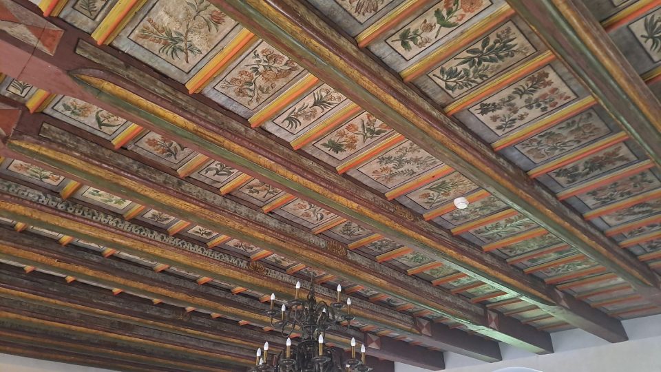 Malovaný kazetový strop. Žádná květina se na něm neopakuje | foto: Eva Bucharová, Český rozhlas Malovaný kazetový strop. Žádná květina se na něm neopakuje