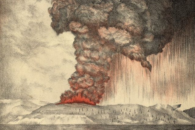 Litografie výbuchu sopky Krakatoa | foto:  Parker & Coward,  Britain,  CC0 1.0