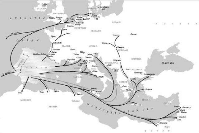 Směry emigrace sefardských Židů po jejich vyhnání ze Španělska v roce 1492 | foto:  Encyclopedia Judaica
