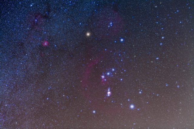 V souhvězdí Orionu je Betelgeuze na snímku jasná nažloutlá hvězda vlevo nahoře | foto: Alan Dyer