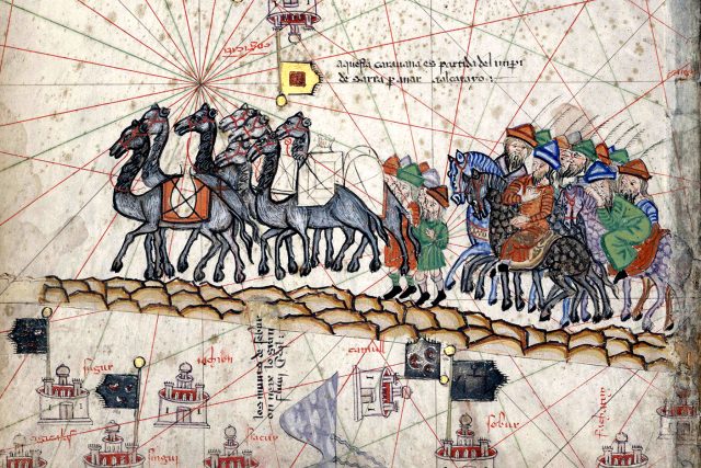 Karavana Marka Pola přejíždí Indii po Hedvábné stezce. Vyobrazení v Katalánském atlasu z roku 1375 | foto: Abraham Cresques,  Wikimedia Commons,  CC0 1.0