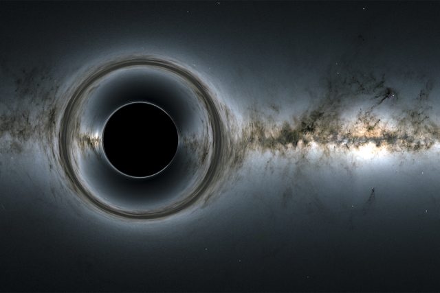 Simulace černé díry ukazuje,  jak tento útvar svou hmotou deformuje obraz hvězdného pozadí | foto:  NASA Goddard Space Flight Cente,   ESA/Gaia/DPAC,  NASA,  CC0 1.0