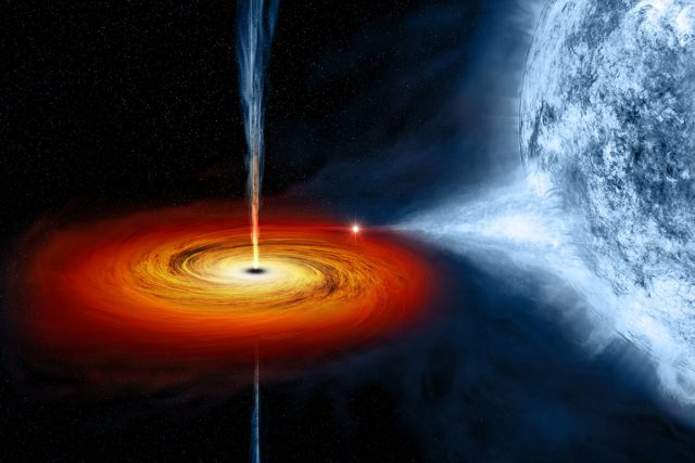 Kresba černé díry Cygnus X-1 s akrečním diskem,  která odčerpává hmotu blízké hvězdě  (ilustrační foto) | foto: NASA/CXC/M.Weiss  (http://chandra.harvard.edu/resources/illustrations/blackholes.html)