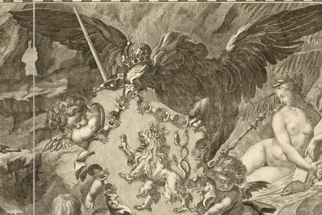 Detail výzdoby Müllerovy mapy Čech  (1720) od Václava Vavřince Reinera | foto: Historický ústav AV ČR