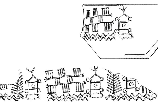 Nádoba kultury nálevkovitých pohárů z polských Bronocic. Ve výzdobě lze nalézt motivy představující základní prvky světa eneolitických zemědělců  (podle: Milisauskas,  Kruk & Hudson) | foto: Julie Turková