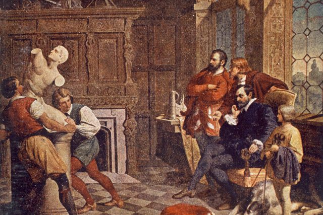 Rudolf II. a Tycho Brahe  (Rudolf II,  Holy Roman Emperor and astronomer Tycho de Brahe with statue of Ilioneus ) | foto: Fotobanka Profimedia