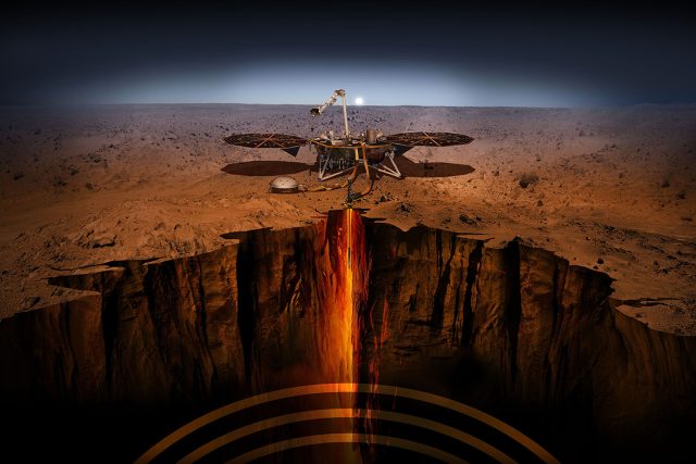 Vizualizace sondy InSight na Marsu | foto: NASA/JPL-Caltech
