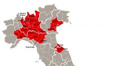 Červeně vyznačené regiony Itálie, pro které platí karanténa.